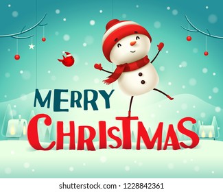 Merry Christmas! Cheerful snowman in Christmas snow scene winter landscape.