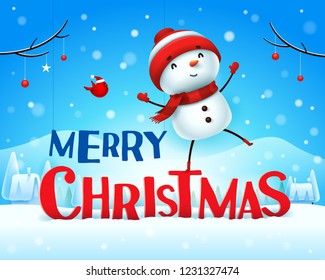 Merry Christmas! Cheerful snowman in Christmas snow scene winter landscape.