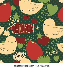 Merry Christmas chicken seamless pattern. Vector pattern for web page backgrounds, postcards, greeting cards, invitations, pattern fills, surface textures. Awesome for children bedroom.