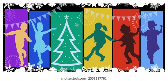 Merry Christmas. Children dancing silhouettes on black and bright background. Vector illustration.