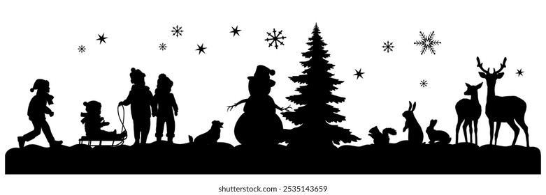 Merry Christmas. Children and little animals silhouettes on white background. Vector illustration.	
