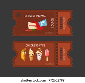 Merry christmas, children`s cafe concept. Cakes coupon. Gift Voucher ticket card. Coupon food and drink, eating. Pass to attend events. Element template for design. Vector illustration isolated.