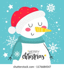 Merry Christmas childrens greeting card with a cute snowman in red hat and lettering, decorated with snowflakes. Vector illustration.