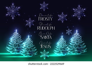 Merry Christmas Christian greeting card with spruce trees, snowflakes and text Give like Santa Love like Jesus. Futuristic glowing low polygonal style on blue to green background. Vector illustration