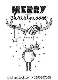 Merry Christmas CHRISTMOOSE - Cute deer design, funny hand drawn doodle, cartoon character. Good for children's book, poster or t-shirt textile graphic design. Vector hand drawn illustration.