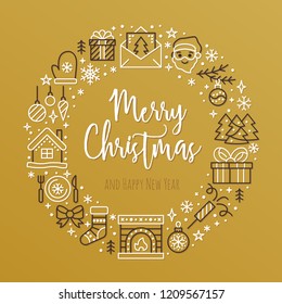 Merry Christmas circle banner illustration with flat line icons. New Year greeting card pine tree, presents, gift boxes, decoration, santa claus vector illustration. Gold round xmas poster.