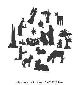 Merry Christmas circle banner on white background. Christmas crib composition with black silhouettes. Nativity scene with Famous Elements Christmas Holly Night.