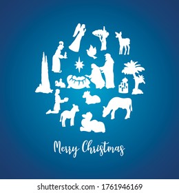 Merry Christmas circle banner on blue gradient background. Christmas crib composition with black silhouettes. Nativity scene with Famous Elements Christmas Holly Night.