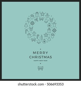merry christmas circle line icons card green background