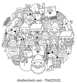 Merry Christmas circle shape pattern for coloring book. Vector illustration