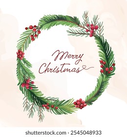 Merry Christmas circular fir tree wreath with red berries for greeting card.