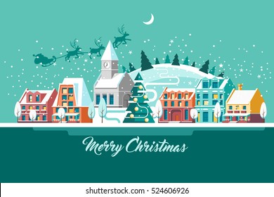 Merry Christmas, city on winter background. Greeting card. Vector illustration.