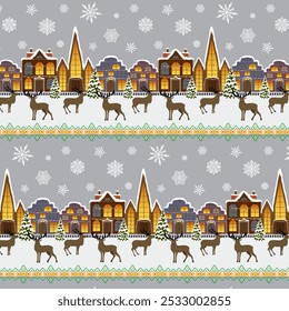 Merry Christmas in the City pattern.Vector seamless pattern with houses, fir trees and deer on a colored background with embroidery and snowflakes.