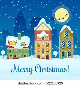 Merry Christmas Cityscape Snowfall, Houses and Santa with Reindeers Greeting Card. Vector background