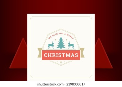 Merry Christmas classic greeting card vintage ribbon spruce and horned deer vector illustration. Happy New Year retro congratulations banner festive old fashioned emblem fir tree decorative design