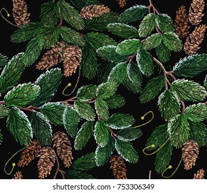 Merry Christmas classical embroidery snow-covered branch of a fir-tree. Christmas art pattern. Clothes, textile design template. Embroidery fir-tree branch with cones. Winter art 
