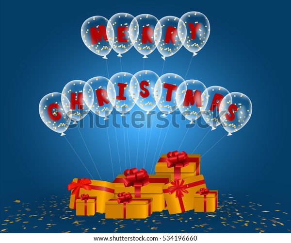 Merry Christmas in\
clear balloon fly with gold gift box on confetti. Concept design\
for greeting car, poster , banner to celebrate on new year season\
in vector illustration