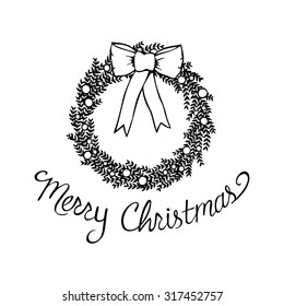 Merry Christmas clip art of an abstract floral wreath with berries and big bow.