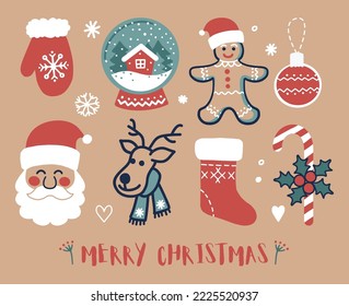 Merry Christmas. A clip art of decorative elements in a hand drawn style. Vector Illustration