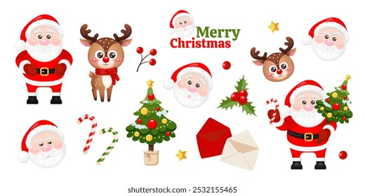 Merry Christmas clipart set with cute Santa Claus and reindeer characters, Christmas tree, candy cane, holly, red berries, envelopes. Vector illustration