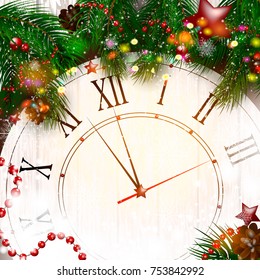 Merry Christmas. Christmas clock and decoration on snow. Happy new year concept
