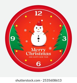 Merry Christmas Clock. A festive Christmas clock design featuring a snowman in a Santa hat, surrounded by snowflakes and Christmas trees on a red background, perfect for the Christmas season.