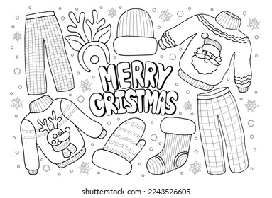 Nochebuena página de ropa de navidad página anti estrés para niños y adultos, acogedoras vacaciones de invierno colorido hoja ilustración vectorial