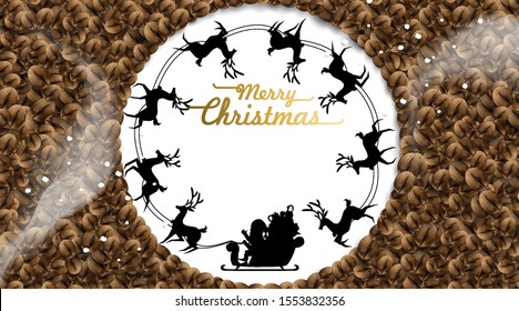 Merry christmas with coffee beans on white background from above. Santa ride reindeer sleigh simple concept . Winter coffee shop advertisement background. -Vector