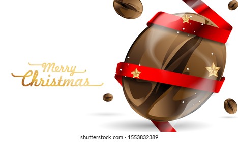 Merry Christmas and coffee beans with red ribbon around. Winter holiday concept. Coffee shop advertisement. - Vector