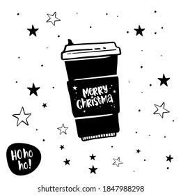 Merry Christmas coffee cup with hand drawn lettering 