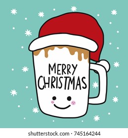 Merry Christmas coffee cup and Santa hat cartoon vector illustration