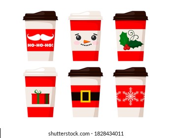Merry Christmas coffee cups isolated on white background. Coffee tea mug decorated snowman face, santa claus belt, snowflake, mistletoe, gift illustration. Vector flat winter x-mas drink to go design.