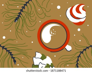 Merry Christmas. Coffee and marshmallows on a golden background with pine branches and snow flakes. Vector illustration.