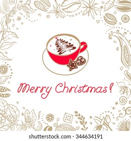 Merry Christmas Coffee menu drinking cup Cappuccino. Vector hand drawing illustration on magic coffee frame background.