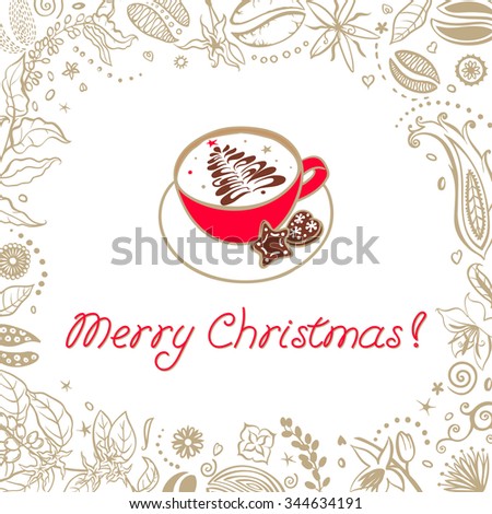 Merry Christmas Coffee menu drinking cup Cappuccino. Vector hand drawing illustration on magic coffee frame background.