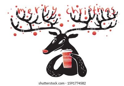 Merry Christmas for coffee shop. Funny hand drawn vector illustration for Greeting Card. Santa Christmas deer holding a coffee cup