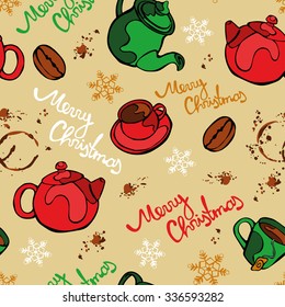 Merry Christmas. Christmas coffee. Christmas tea. Snowflakes. Vector seamless illustration (background).