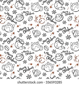 Merry Christmas. Christmas coffee. Christmas tea. Snowflakes. Vector seamless illustration (background).