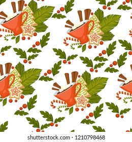 Merry Christmas coffee or tea, warm beverage seamless pattern isolated on white vector.