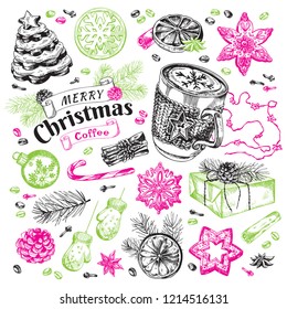 Merry Christmas Coffee, Winter Holiday Hot Drink Illustration. Festive beverage with title, cookies, spruce branch and traditional decor. Engraved style vector artwork. Good for cafe menu, ads, poster