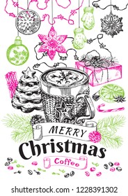 Merry Christmas Coffee, Winter Holiday Hot Drink Illustration. Festive beverage with title, cookies, spruce branch and traditional decor. Engraved style vector artwork. Good for cafe menu, ads, poster