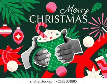 Merry Christmas collage. Abstract festive banner with fir branches, gifts and hands holding cup of hot drink. Design element for greeting card. Flat vector illustration in halftone style