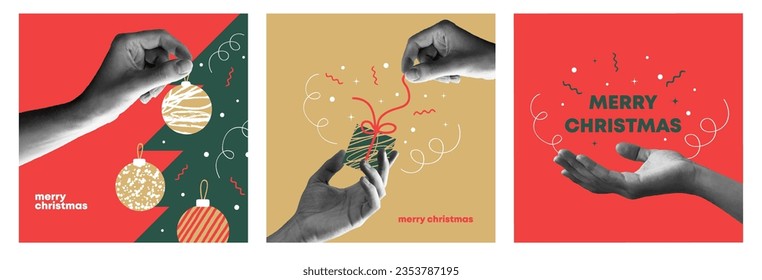 Merry christmas collage design. With hands holding christmas-tree toy and gift. Colorful collage style illustrations. Vector design for poster, banner, greeting and new year 2024 celebration.