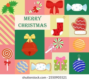 Merry Christmas Collage with Festive Decorations, Gifts, and Sweet Treats on a Colorful Patchwork Background