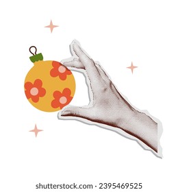 Merry Christmas collage paper sticker. Hand holding xmas tree bauble. Colorful halftone mixed media style design.