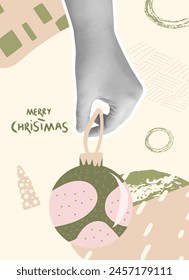 Fondo de Vertical de collage de Navidades felices. Plantilla de Anuncio con mano retro pegatina sosteniendo mano dibujado Navidades adornos bola tarjeta de felicitación. Fundas festivas con decoración. Ilustración vectorial.