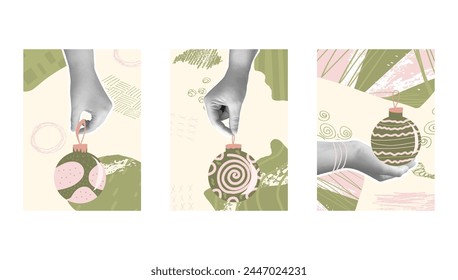 Merry Christmas collage vertical backgrounds set. Banner templates with hand retro sticker holding hand drawn Christmas ornaments ball greeting card. Festive decoration. Vector illustration.
