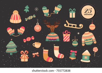 Merry Christmas collection of 25 vector elements: sweater, christmas ball, reindeer, christmas tree, snowflakes, sled, gift, mittens and others. Illustration Christmas celebration. Xmas background.
