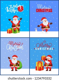 Merry Christmas Collection Cards With Happy Santa. Vector Of Cartoon Jack Frost Sitting On Gift Boxes And Spreading Hands Like Sending Us Warm Wishes