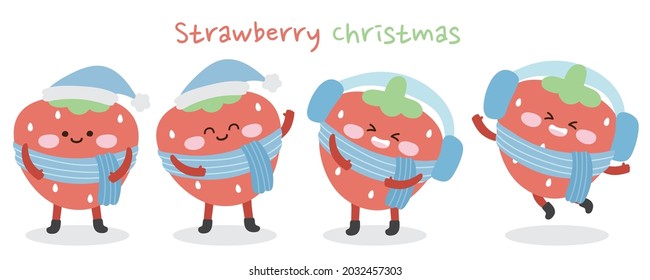 Merry christmas collection.Set of cute strawberry cartoon in winter on white background.Image for card,sticker,kid product,logo,mascot.Icon.Character fruit design.Kawaii.Isolated.Vector.Illustration.